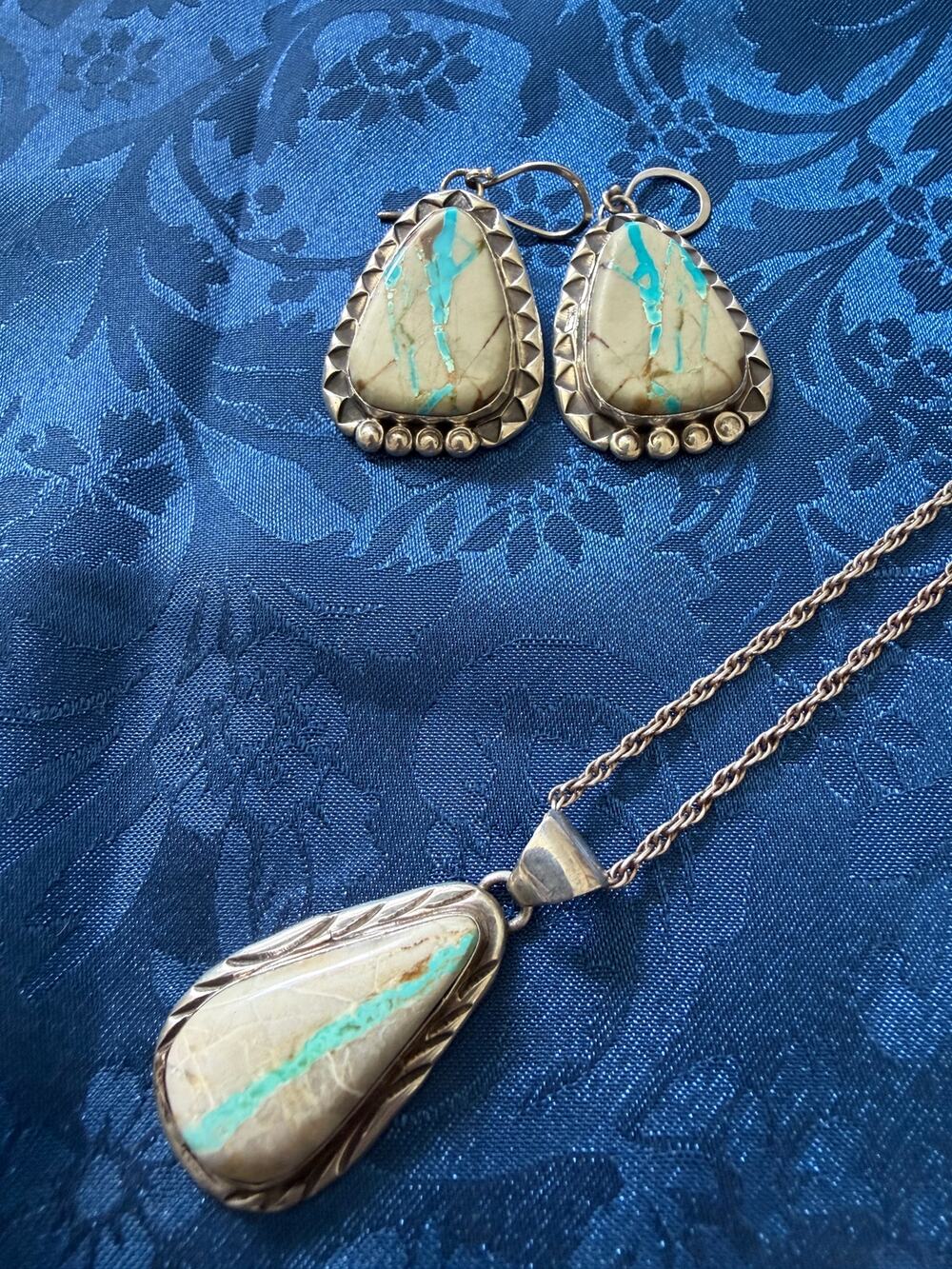 Vintage Secatero Sterling Silver Turquoise Matrix Pendant & Earrings Set MRL16